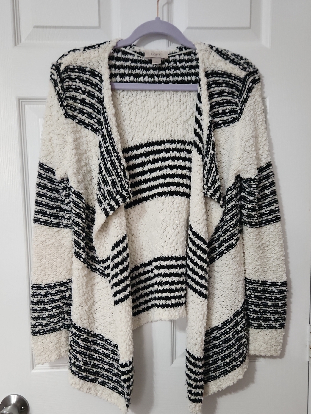 LOFT Black and White Striped Open Drape Cardigan